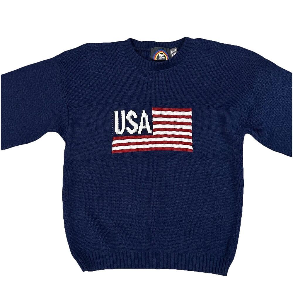Vtg New Era Pullover Knit Sweater Sz 14-16 Flag Made in USA Fourth of July